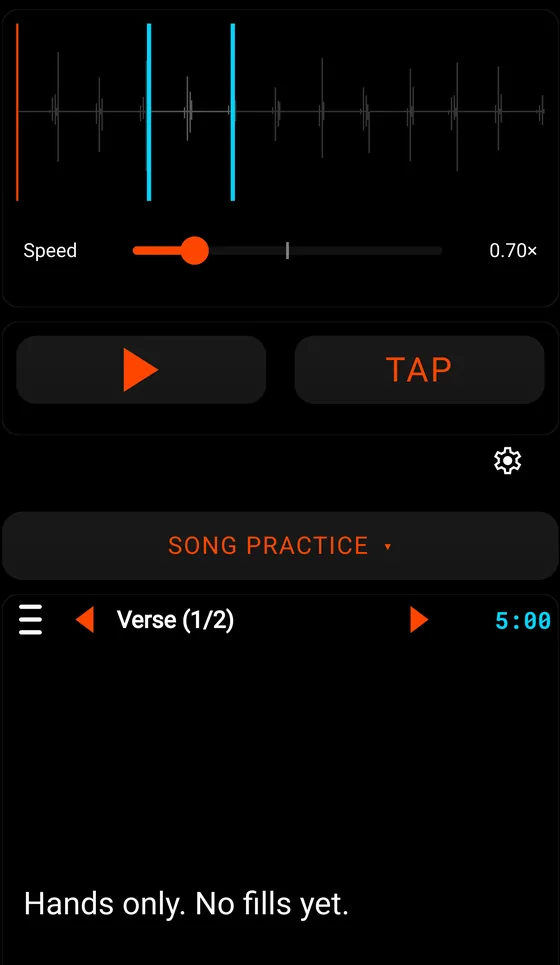 DrumLock in song mode showing the waveform with loop markers, the speed reading 0.70x, the segment Verse one of two, a five minute countdown and the practice note