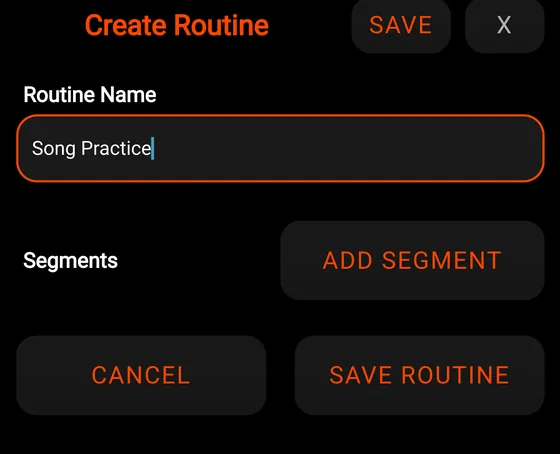 The Create Routine screen in DrumLock with a routine named Song Practice and an Add Segment button