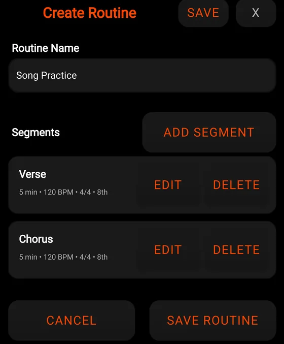 A DrumLock routine called Song Practice containing two segments, Verse and Chorus, each five minutes long
