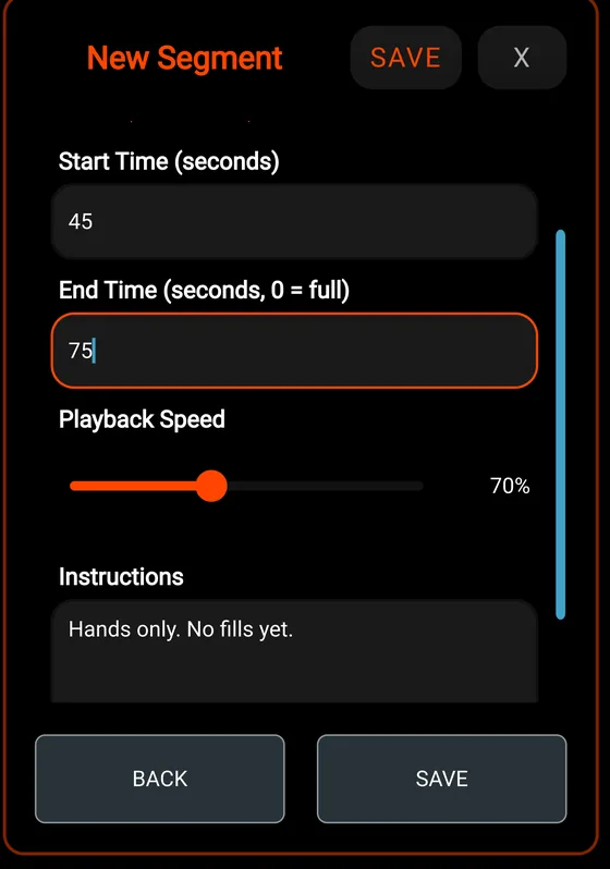 A DrumLock segment set to loop from 45 to 75 seconds at 70 percent playback speed, with the note Hands only. No fills yet.