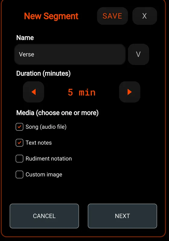 The New Segment screen with a segment named Verse, a five minute duration, and the Song and Text notes media boxes ticked