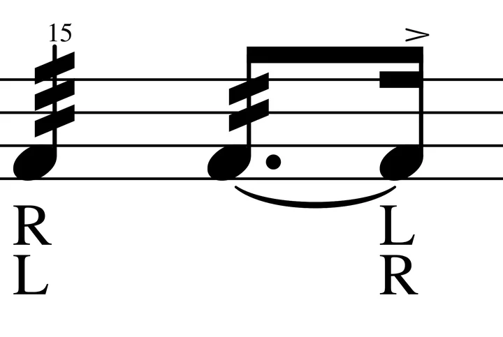 Fifteen Stroke Roll drum notation with sticking