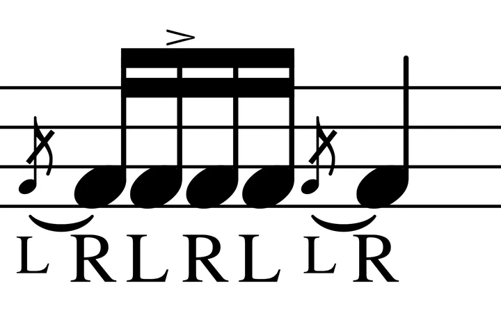 Flamacue drum notation with sticking