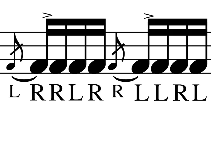 Single Flammed Mill drum notation with sticking