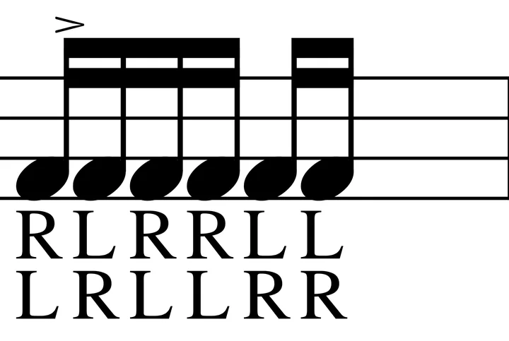 Single Paradiddle-diddle drum notation with sticking