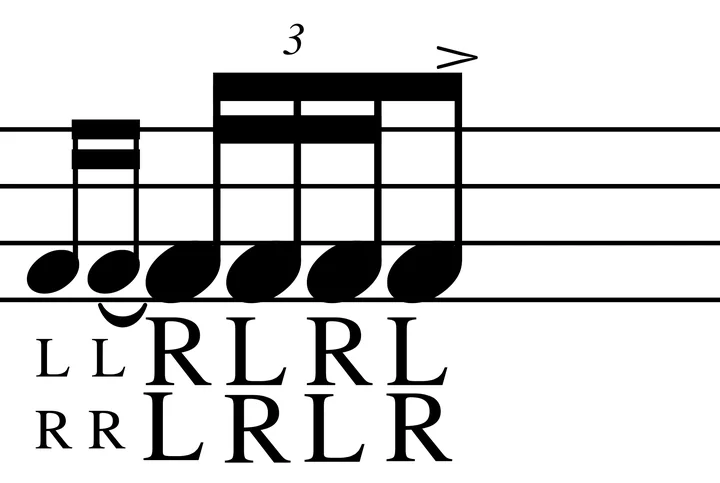 Single Ratamacue drum notation with sticking
