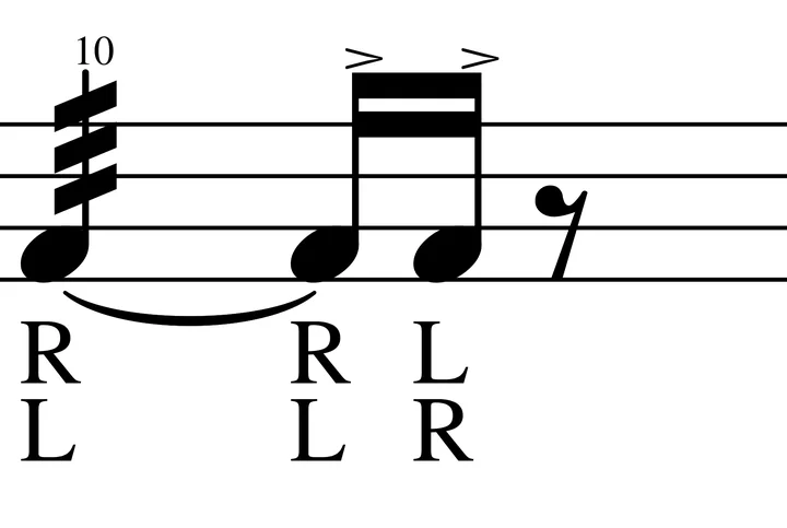 Ten Stroke Roll drum notation with sticking