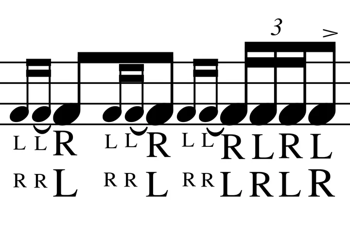 Triple Ratamacue drum notation with sticking